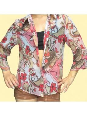 cute vintage y2k Nicola sheer blouse with red, beige, pink floral paisley print